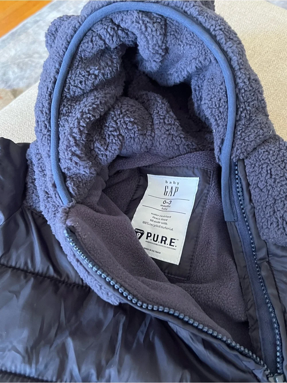 Baby GAP Navy Puffer Baby One-Piece with Sherpa Hood (0-3 months)